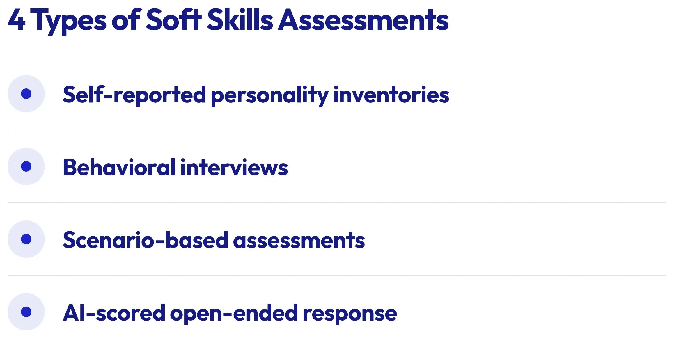 4 Types of Soft Skills Assessments: self-reported personality inventories, behavioral interviews, scenario-based assessments, and AI-scored open-ended response.