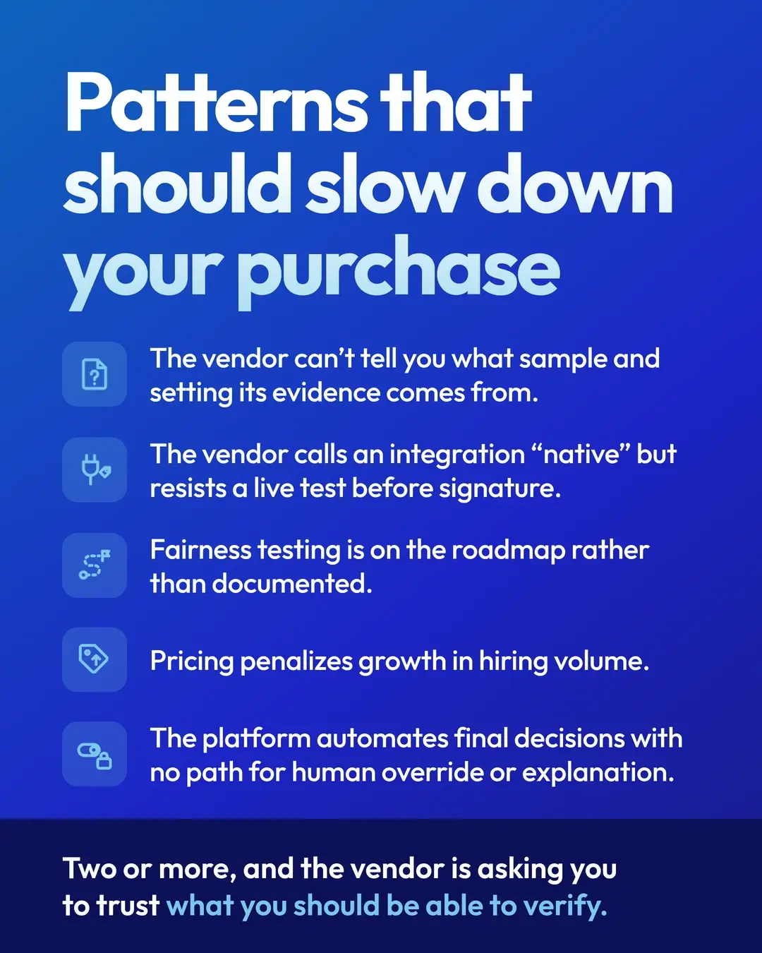 Patterns that should slow down your purchase: the vendor can’t tell you what sample and setting its evidence comes from; the vendor calls an integration “native” but resists a live test before signature; fairness testing is on the roadmap rather than documented; pricing penalizes growth in hiring volume; the platform automates final decisions with no path for human override or explanation. Two or more, and the vendor is asking you to trust what you should be able to verify.